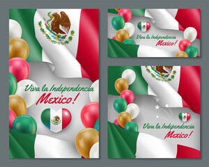 Wall Mural - Set of greeting cards Viva La Independencia Mexico. 16 September Happy Independence Day of Mexico national patriotic holiday banner, poster, background realistic vector illustration