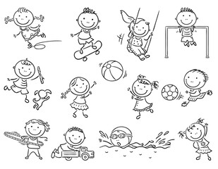 Leinwandbilder - Set of cartoon kids outdoor activities, sports and games, outline illustration