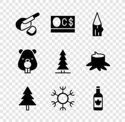 Sticker - Set Peameal bacon, Canadian dollar, Wooden log, Christmas tree, Snowflake, Beer bottle, Beaver animal and spruce icon. Vector