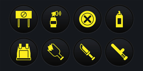 Sticker - Set Bulletproof vest, Paint spray can, Broken bottle as weapon, Military knife, X Mark, Cross circle, Air horn, Police rubber baton and Protest icon. Vector