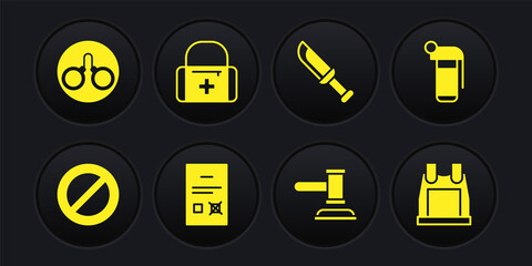 Sticker - Set Ban, Hand grenade, Poll document, Judge gavel, Military knife, First aid kit, Bulletproof vest and Handcuffs icon. Vector