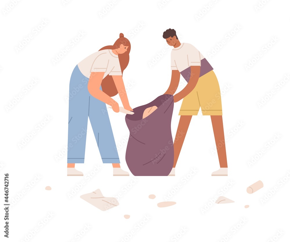 Couple of volunteers picking up litter and collecting it into trash bag. Young people cleaning environment from garbage. Flat vector illustration of eco- activists isolated on white background - obrazy, fototapety, plakaty 