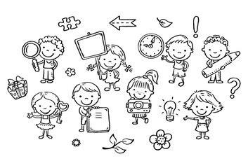 Leinwandbilder - Set of cartoon kids holding different objects, outline illustration