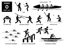 Sport Games Alphabet O Vector Icons Pictogram. Oina, Ocean Rowing, Oil Wrestling, Okinawan Kobudo, Orienteering, Over The Line, Open Water Swimming, Obstacle Course Racing, Oztag, Outrigger Canoeing.