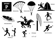 Sport Games Alphabet P Vector Icons Pictogram. Paragliding, Parachuting, Parkour, Paddleboarding, Pato, Park Skateboarding, Pesapallo, Petanque, And Pelota Mixteca.