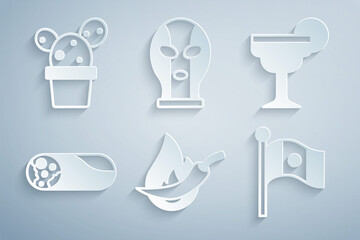 Poster - Set Hot chili pepper pod, Margarita cocktail, Burrito, Mexico flag, Mexican wrestler and Cactus or succulent in pot icon. Vector