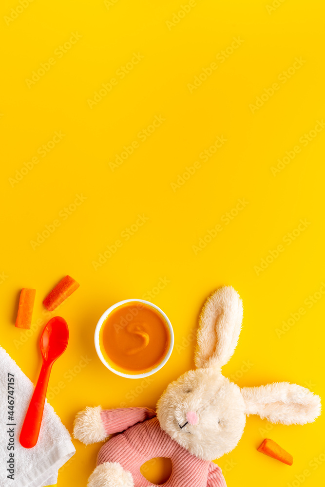 Baby fruits vegetables food with milk bottle and toy - obrazy, fototapety, plakaty 