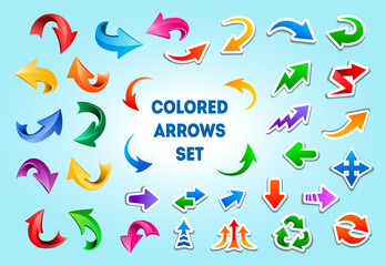 Cartoon arrow icons in different styles. Colorful direction pointers with white strokes, curved 3d glossy arrows, flat curved arrows. Big vector set of arrows isolated on blue background.