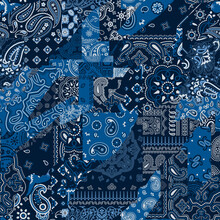 Blue Bandana Kerchief Paisley Fabric Patchwork Abstract Vector Seamless Pattern 