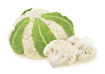 Wall Mural - Fresh whole cauliflower with leaves isolated on a white background.