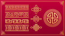 Oriental Knots. Chinese Pattern. Asian Knotting, Asian Decorative Geometric Ornament. Chinese And Japanese Vector Geometric And Node Gold Pattern Isolated On Red Background.