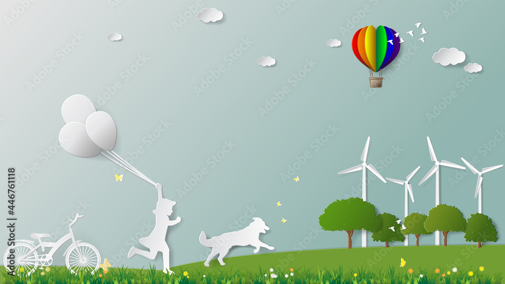 Green renewable energy environmentally friendly sustainable concepts, girl and dog are running holding balloons in meadow which full of wind turbine Paper folding art origami style vector illustration - obrazy, fototapety, plakaty 