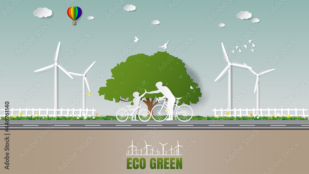 Paper folding art origami style vector illustration Sustainable green energy ecology concepts, father and son are to join hands together while do activities cycling in park of green meadow - obrazy, fototapety, plakaty 