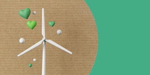 Sustainable energy wind turbine in an eco cardboard landscape. 3D Rendering