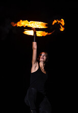 Sexy Girl Spinner Spin Burning Poi Creating Fire Orbital In Dark Night Outdoors, Spinning