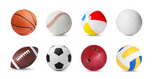 Set With Different Balls On White Background, Banner Design. Sports Equipment