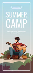 Wall Mural - man with guitar sitting in a campsite in nature. summertime camping, traveling, trip, hiking, camper