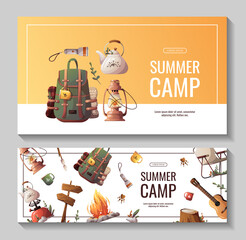 Wall Mural - set of promo flyers for summer camping, traveling, trip, hiking, camper, nature, journey, picnic. ve