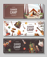 Wall Mural - set of promo flyers for summer camping, traveling, trip, hiking, camper, nature, journey, picnic. ve