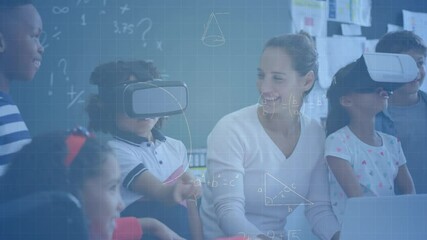 Poster - Mathematical equations against caucasian female teacher smiling and students wearing vr headsets