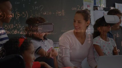 Poster - Mathematical equations against caucasian female teacher smiling and students wearing vr headsets
