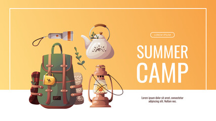 Wall Mural - promo banner with tourist backpack, kettle, kerosene lamp, torch. camping, traveling, trip, hiking, 