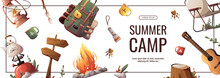 Promo Banner For Summer Camping, Traveling, Trip, Hiking, Camper, Nature, Journey, Picnic. Vector Illustration For Poster, Banner, Flyer, Cover, Special Offer, Advertising.