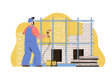 Poster - Modern building concept. Builder working, welding metal structures situation. Real estate construction business people scene. Vector illustration with flat character design for website and mobile site