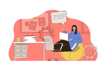 Poster - Programming tools concept. Woman works in different programming languages situation. Software development people scene. Vector illustration with flat character design for website and mobile site