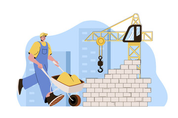 Aufkleber - Real estate concept. Builder with wheelbarrow works at building site situation. Construction company business people scene. Vector illustration with flat character design for website and mobile site