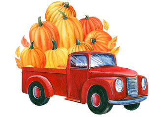  Car with pumpkins on an isolated white background. Watercolor illustration, autumn card