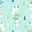 Vector seamless pattern a cheerful dinosaur in an egg descends from a snow-capped mountain. Children's pattern in the Scandinavian style. Design for printing on children's clothing, textiles, paper. 