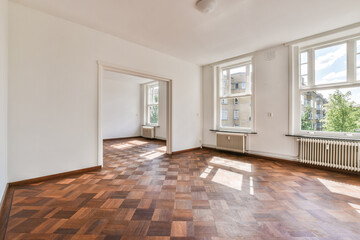 Wall Mural - Empty room with white walls, windows, and a wooden floor.