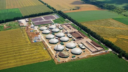 Wall Mural - Aerial view on the modern bio gas station or factory. Bio gas plant. Sustainable production. Ecological production concept