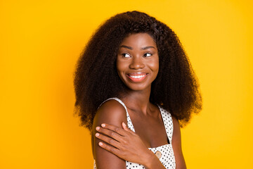 Poster - Profile portrait of nice optimistic brunette lady look empty space wear white top isolated on vivid yellow color background