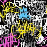 Fototapeta Młodzieżowe - Graffiti street art tags colorful grunge style vector seamless pattern. Hip Hop street art endless background for print fabric and textile design. Meaningless spray paint graffiti tags