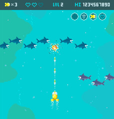 Poster - Concept of 8 bit arcade video game of pixel art underwater landscape with bathyscaphe or submarine vs sharks. Retro video game shark attack. Vector template