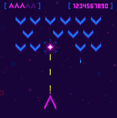 Poster - Pixel art 8 bit arcade video game of space Ufo battle. Simple pixel explosion and spaceship. Retro 8 bit game trendy 90s style. Vector video game template