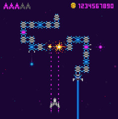 Poster - Retro 8 bit arcade space snake video game vector template. 8 bit UFO game trendy 80s style. Pixel style laser, explosion and spaceship