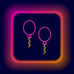 Poster - Glowing neon line Balloons with ribbons icon isolated on black background. Colorful outline concept. Vector