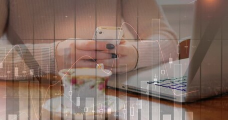 Poster - Animation of statistics and data processing over woman using smartphone