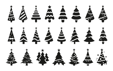 christmas tree icons, silhouettes in black color. vintage vector icons isolated on white background.