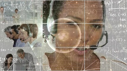 Poster - Animation of mathematical equations and data processing over business people using phone headsets
