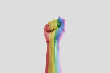 Wall Mural - Hand raised. Rainbow pride colors, isolated on white background