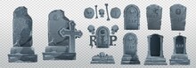 Halloween Elements And Objects For Design Projects. Tombstones For Halloween. Ancient RIP. Grave On A White Background