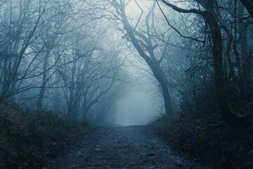 Wall Mural - A path through a scary forest on a moody, dark, foggy, winters day