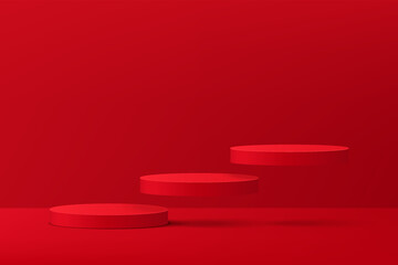 Abstract 3D red cylinder pedestal or stand podium floating on air with dark red minimal wall scene. Vector rendering geometric platform for cosmetics product display presentation.