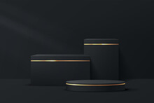 Abstract 3D Black, Golden Stripe Cylinder Pedestal And Cube Podium Set With Luxury Black Friday Sale Scene For Product Display Presentation. Vector Rendering Geometric Platform With Light And Shadow.