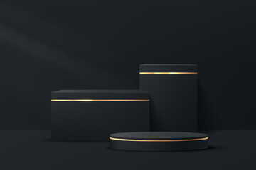 Abstract 3D black, golden stripe cylinder pedestal and cube podium set with luxury black friday sale scene for product display presentation. Vector rendering geometric platform with light and shadow.