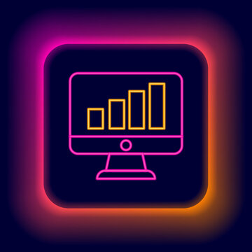 Glowing neon line Computer monitor with graph chart icon isolated on black background. Report text file. Accounting sign. Audit, analysis, planning. Colorful outline concept. Vector